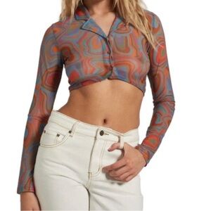Milk It Retro Psychedelic Print Mesh Button-Up Crop Top S
